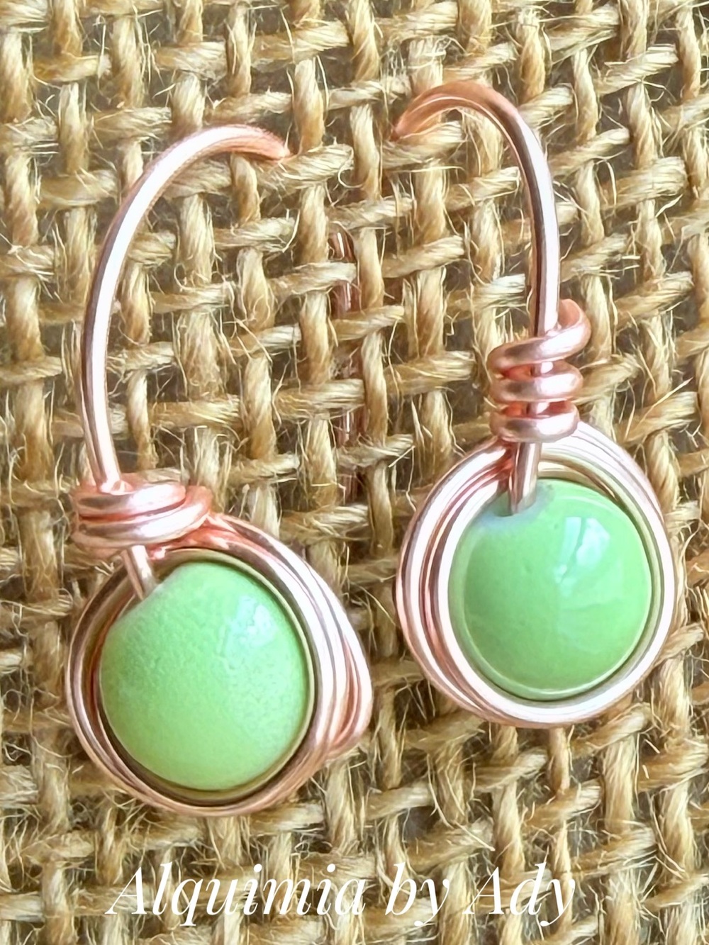 Green stone & Rose Gold Wire Drop Earrings